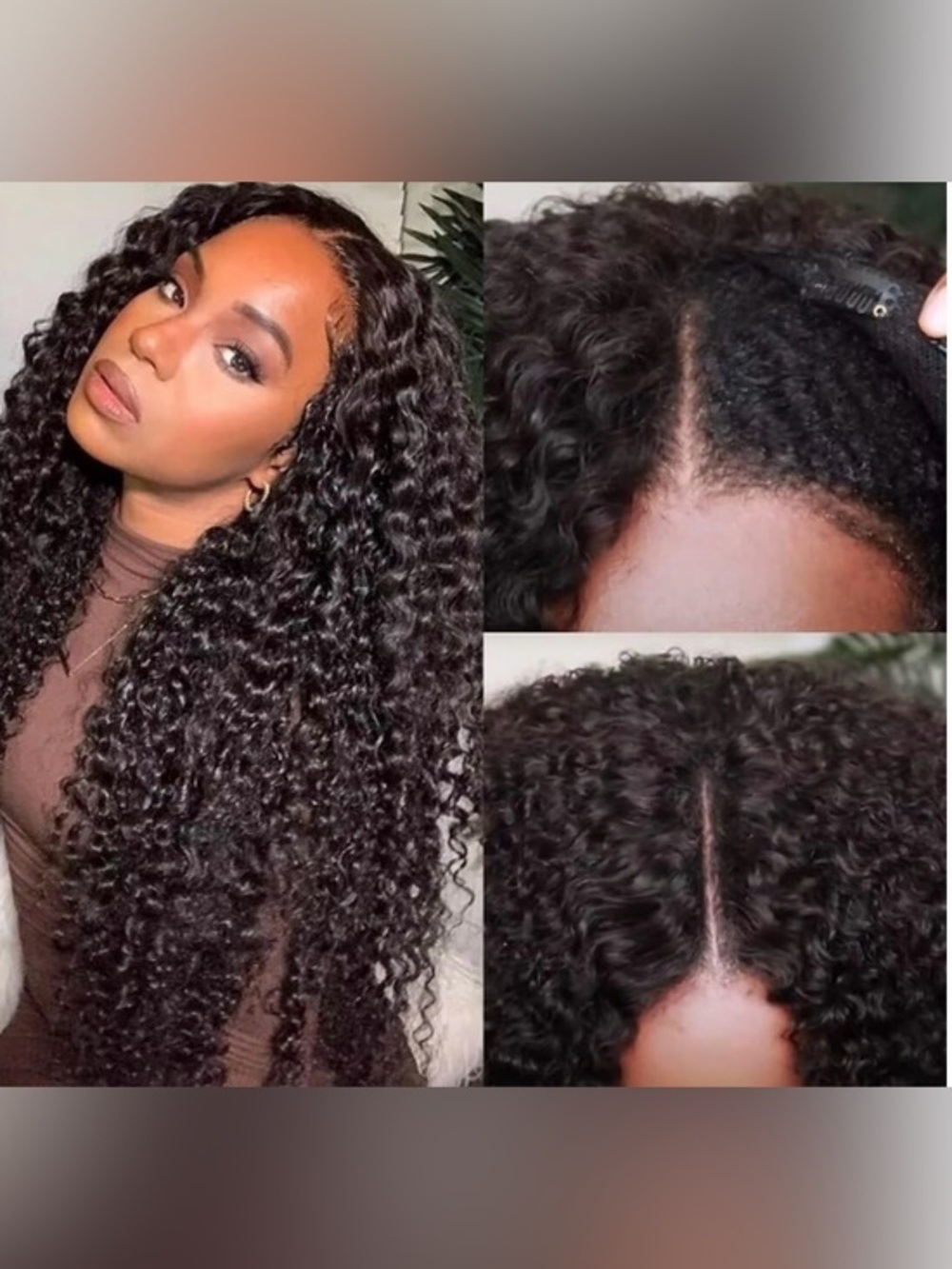 20” Kinky Curly V Part Wig Natural Black No Lace 100% Human Hair #TA5